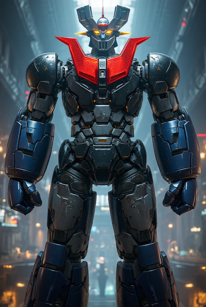  a very realistic version of the modified Mazinger Z,  stands 100 meters high ahead .   It's built with modern materials such as steel  ,   Carbon Fiber  ,   Other industrial elements are also visible  ,   just like the real thing  ,   has been carefully recreated 。.  set in a modern nuclear reactor facility 、 an industrial environment where a high voltage current flows and emits light   ,   Masinger Z standing around  ,   are illuminated by natural light  、  A huge structure highlighted by realistic shadows  . LED light lighting  　Gundam