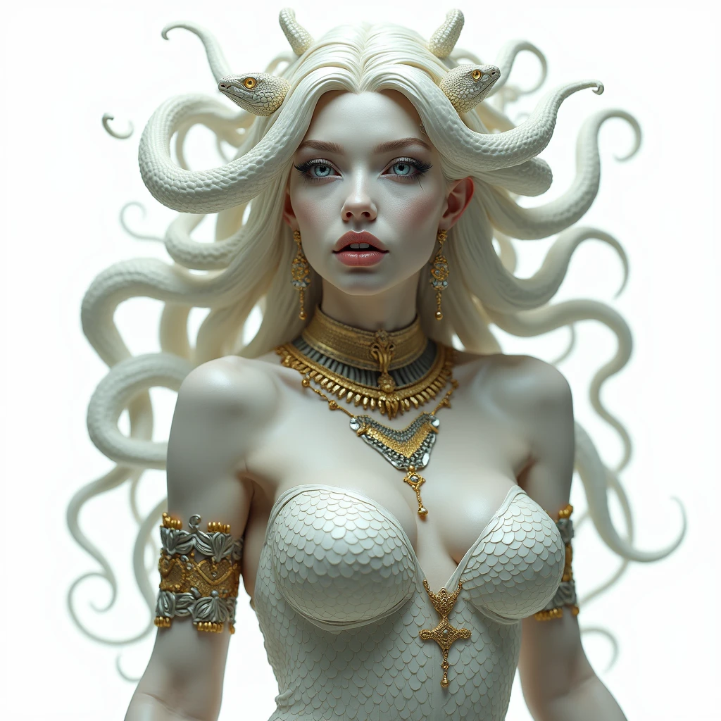 Medusa Greek mythology, (Ancient Greek dress, gold and silver accessories, high neck collar, bracelets, earrings:1.3),
The hair of many snakes, image of a white snake all over, white skin covered with shiny scales, sky blue eyes, slightly open moist lips, small fangs, showing red tongue, curvy perfect body, ( simple background, white background),
white snake image, 