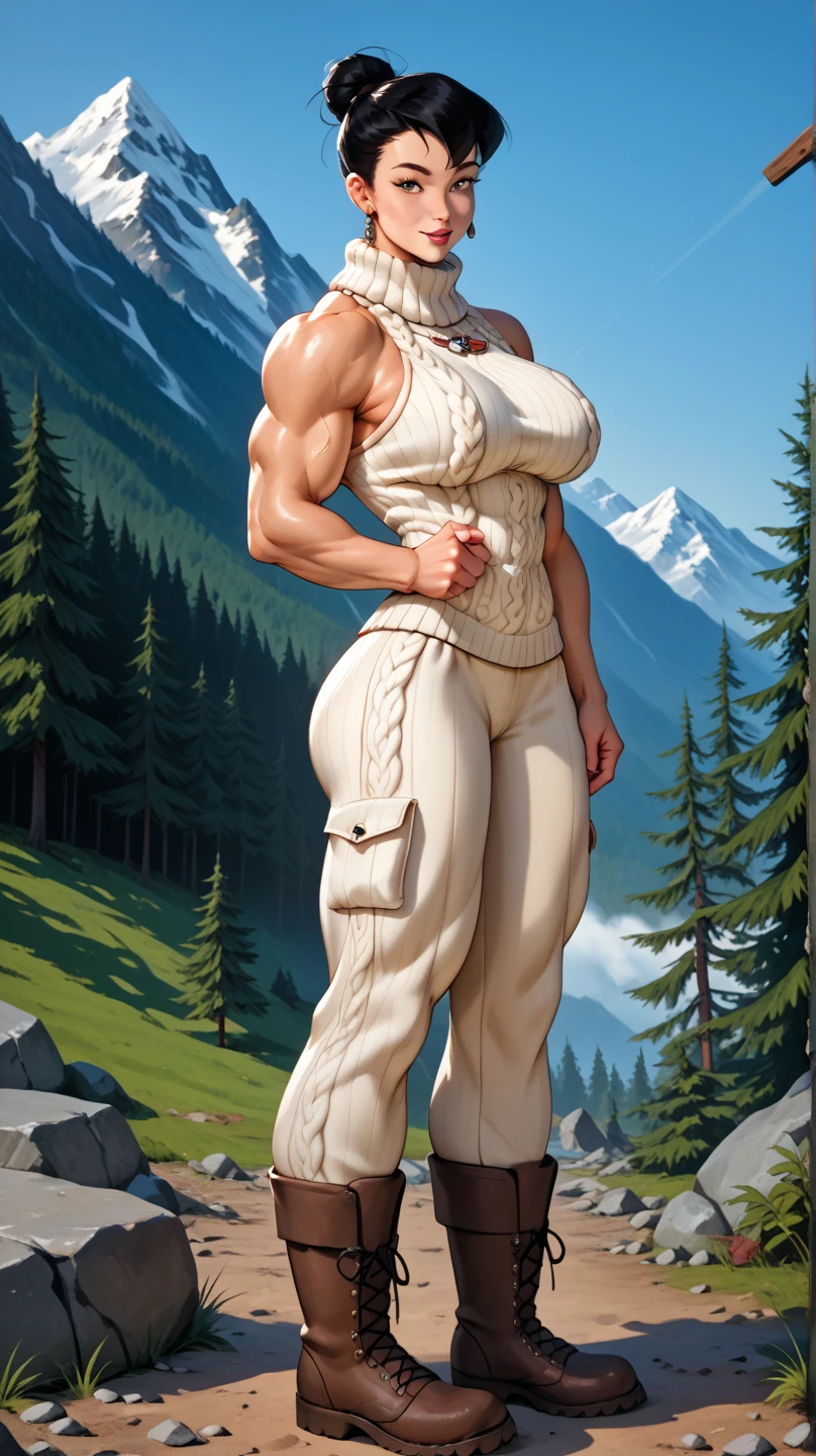 (((sfw))), Fullbody view, very muscular 40 yo milf, large bulging breasts, strong athletic (muscular: 1.7) massive bulky extremely muscular, breathtakingly beautiful muscle woman, steel-hard hypermuscular body, gentle feminine, muscular powerful ((bodybuilder physique)), perfect flawless musculature, wearing  (outdoor outfit), hiking boots, bagy pants, warn sweater,  (survivalist: 1.3), muscular arms, mountains andforests,  misty ((outside)), (frontal view)