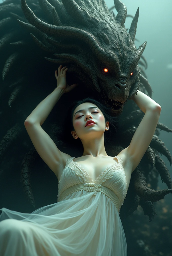 ((best quality)), ((masterpiece)), (detailed), A digital illustration of a young woman in peach color dress with long black hair wearing a pearl locket surrounded by dark storm clouds and monsters. She has a positive energy above her and a word Jimni girl is written at center