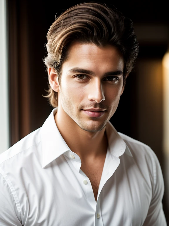 soft cinematic lighting 、 illuminates a handsome Brazilian male supermodel who is amazingly detailed and ultra-realistic。,  white dress shirt、Roll up your sleeves、 short, disheveled brown hair , Clear honey eyes,  captivating perfect smile ,  sensual, Hot guy , Extremely handsome,  trending on ArtStation . Octane has 、 the perfect tool to capture the softest details of this 16K photographic masterpiece .