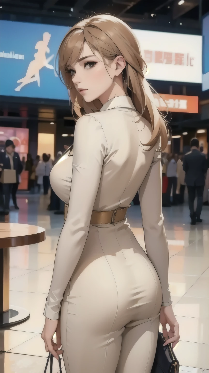  From the rear, A woman in a beige costume、Full body portrait、Fashion trends in 2025、(masterpiece,  top quality :1.2),Business city background 、 slender model