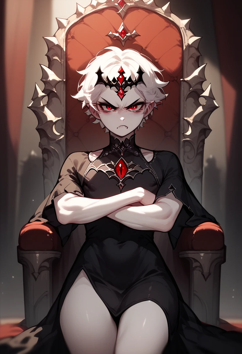 Femboy, male, vampire, white hair, red eyes, black dress, throne room, angry expressions, big ass, black tiara, crossed arm's, solo front view, white skin, shirt hair 