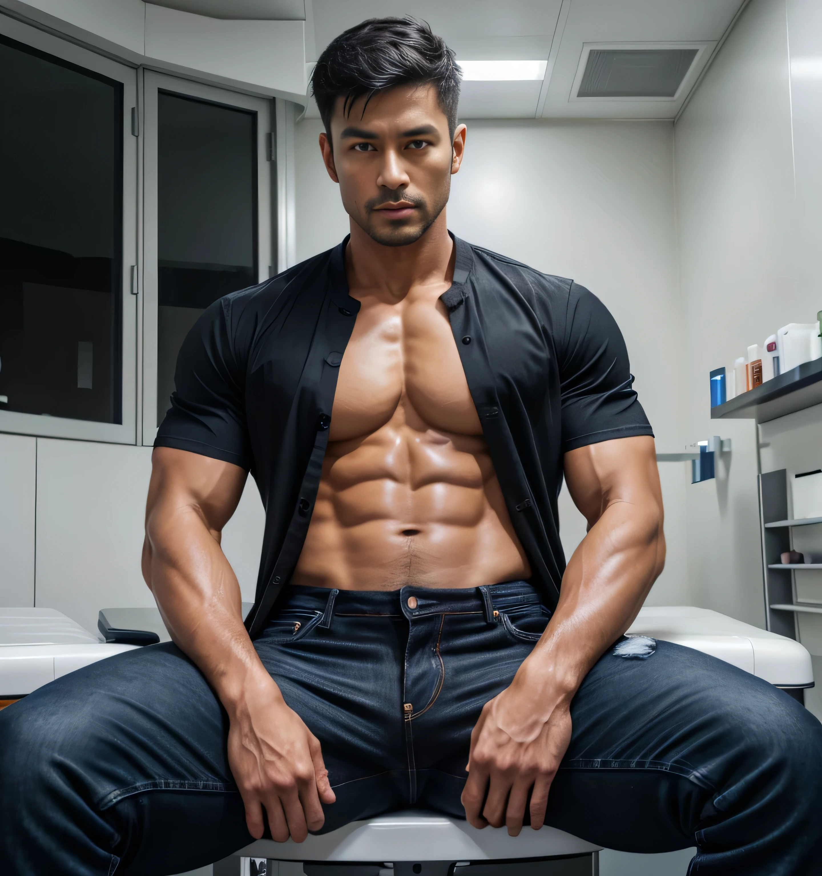 40 year old handsome ,  One Man,、  muscularity、Oki Shuto 。  black shirt 、  slim jeans similar to Kim Seol-young、  shorthair  　、Medical Room、 operating table、 open leg 。  is sitting、  black shirt 、 slim jeans similar to Kim Seol-young 、 Lift your upper body 、Focus on facial expressions　Turkish　Menacing look