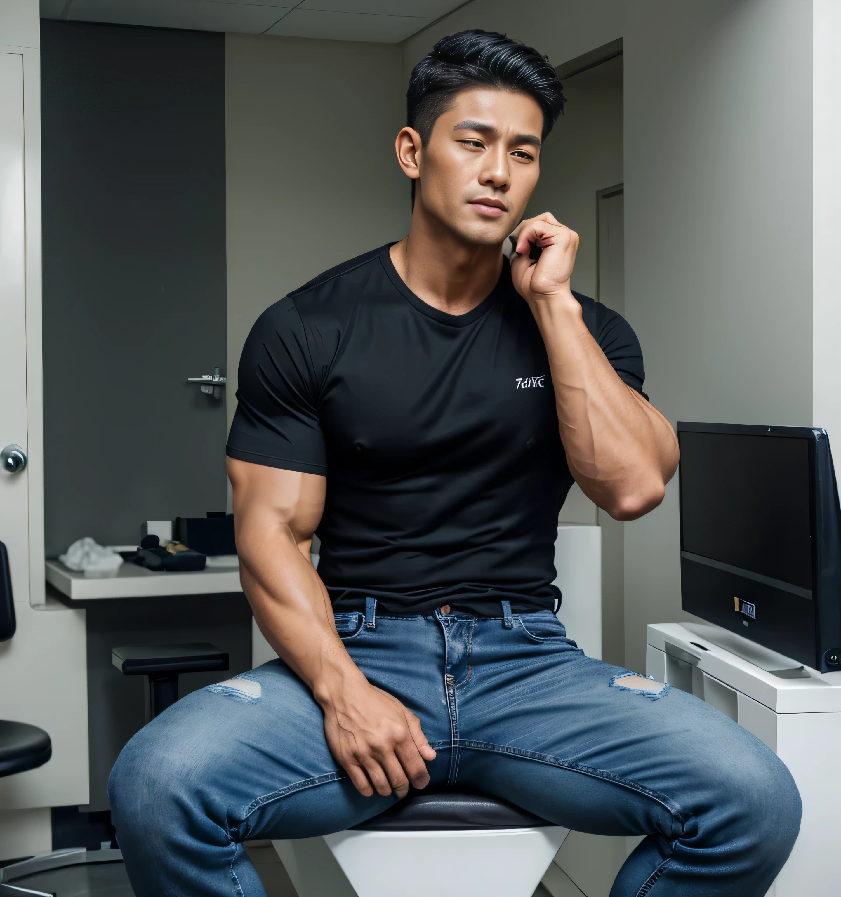 40 year old handsome , One Man,、 muscularity、Oki Shuto 。 black shirt 、 slim jeans similar to Kim Seol-young、 shorthair 、Medical Room、 operating table、 open leg 。 is sitting、 black shirt 、 slim jeans similar to Kim Seol-young 、 Lift your upper body 、Focus on facial expressions Turkish crying sad face