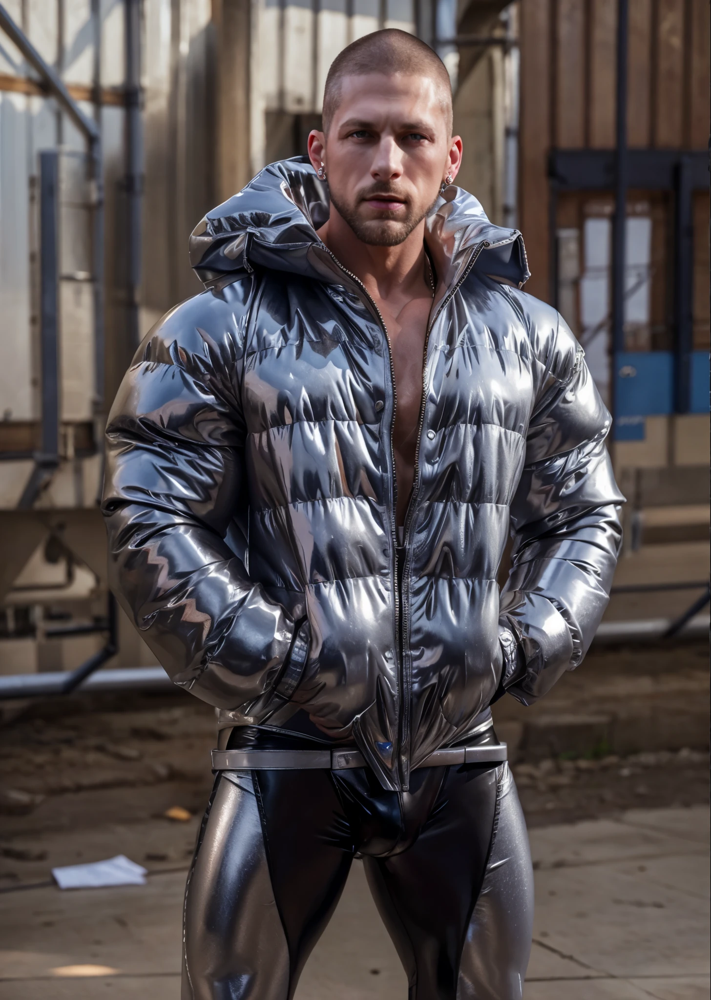 A man 42yo with atletic body walking on street, very shiny body, wearing white sportive short, 2d drawn style, large lips, Wide shoulders , too much light particles , naughty smile, tight esportive uniform, Black wavy hair fade , bent side large bulge , muscular hairy chest, standed, staring at camera, long legs.