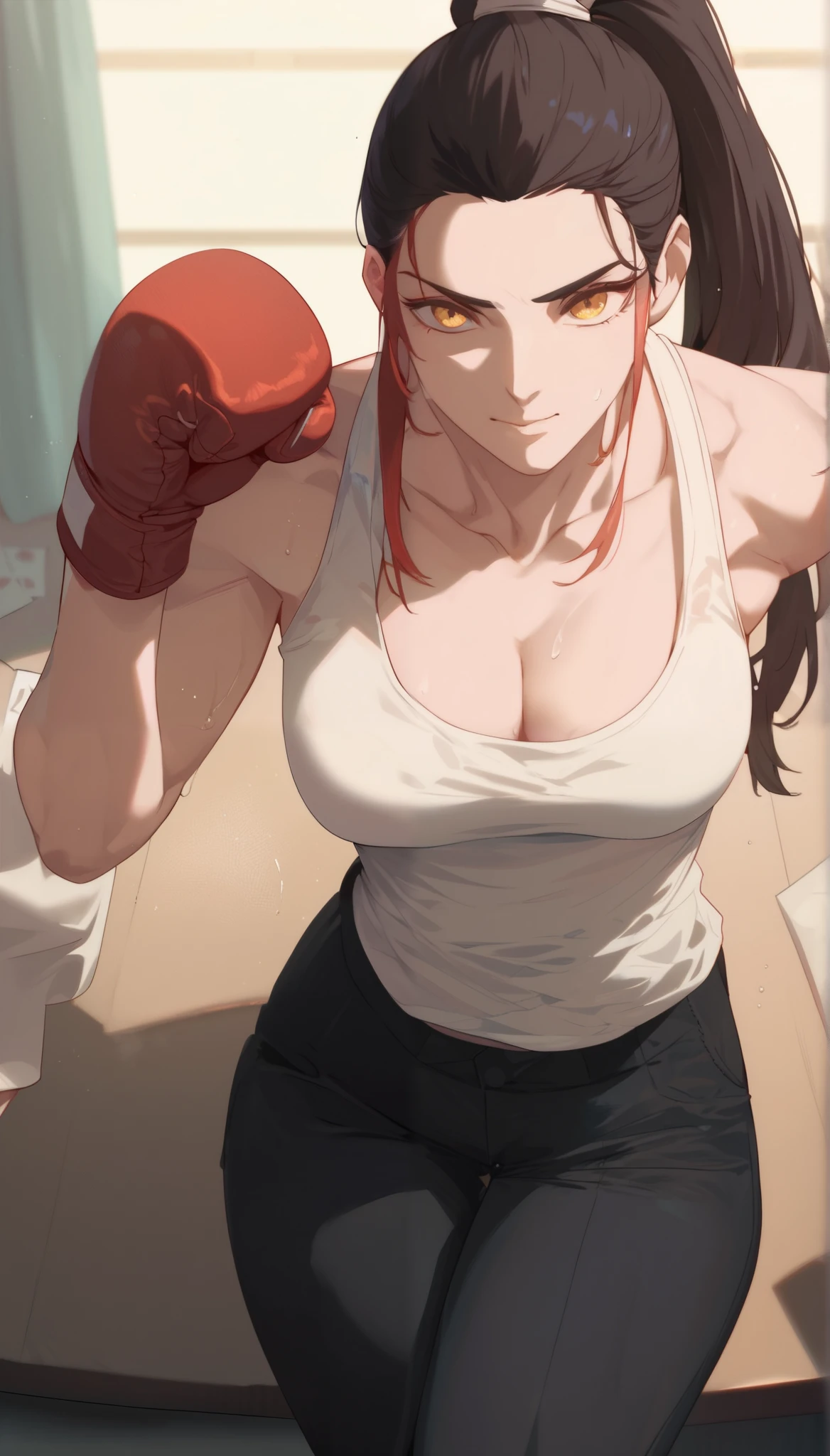 black hair,masterpiece,best quality,highres,ultra-detailed,aashizue,yellow eyes,long hair,cargo pants,(tank top:1.2), boxing gloves,cleavage,toned, sweating, (sleeveless:1.4),cowboy shot,
