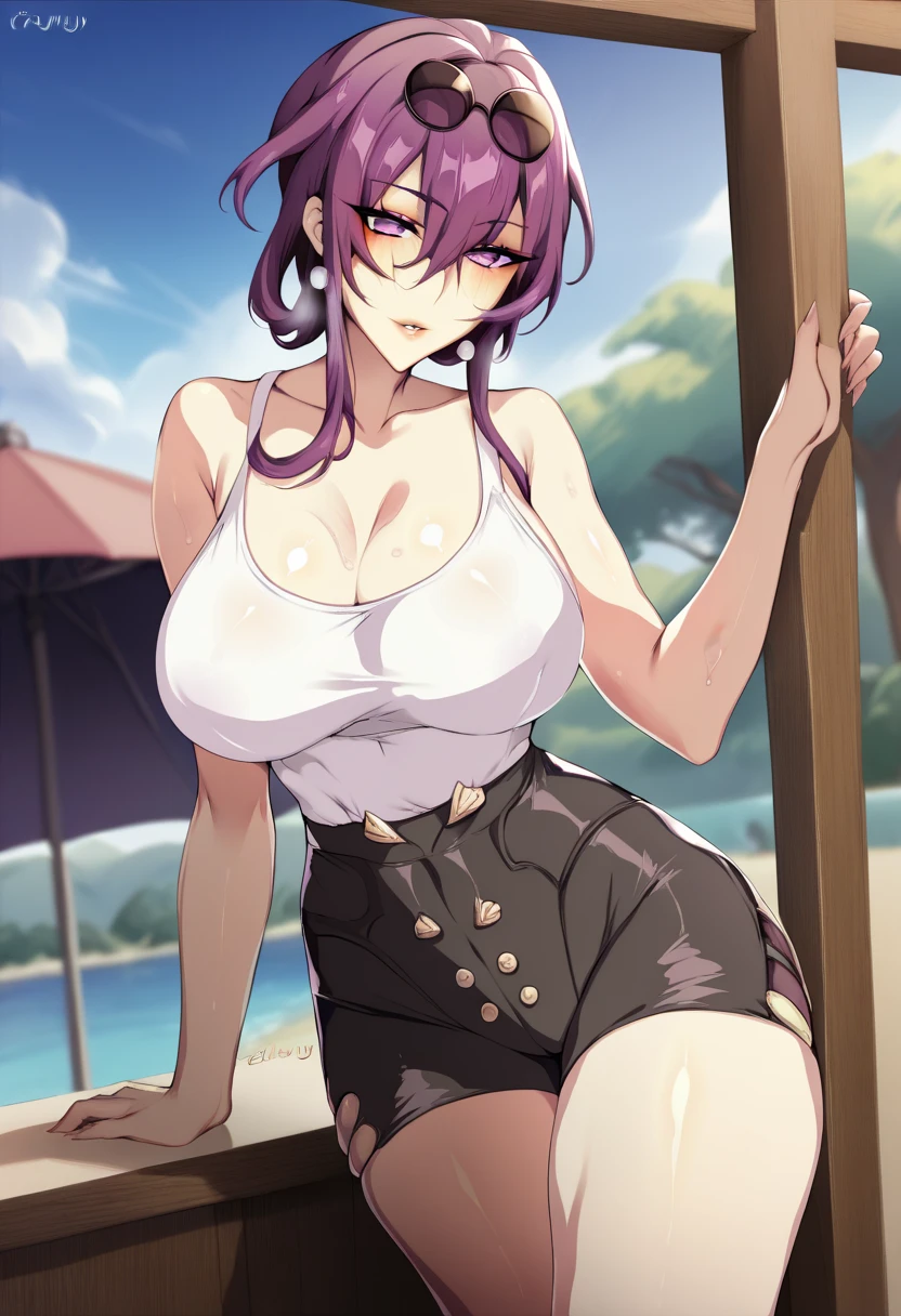 Beautiful woman, big breasts, fit body, hourglass figure, wide hips, athletic, toned, cleavege, decolette, collarbone, white tank top, bare midriff, black shorts, kfka, purple eyes, purple hair, bangs, sidelocks, eyewear on head, earrings, large breasts, zeroshiki kouichi style