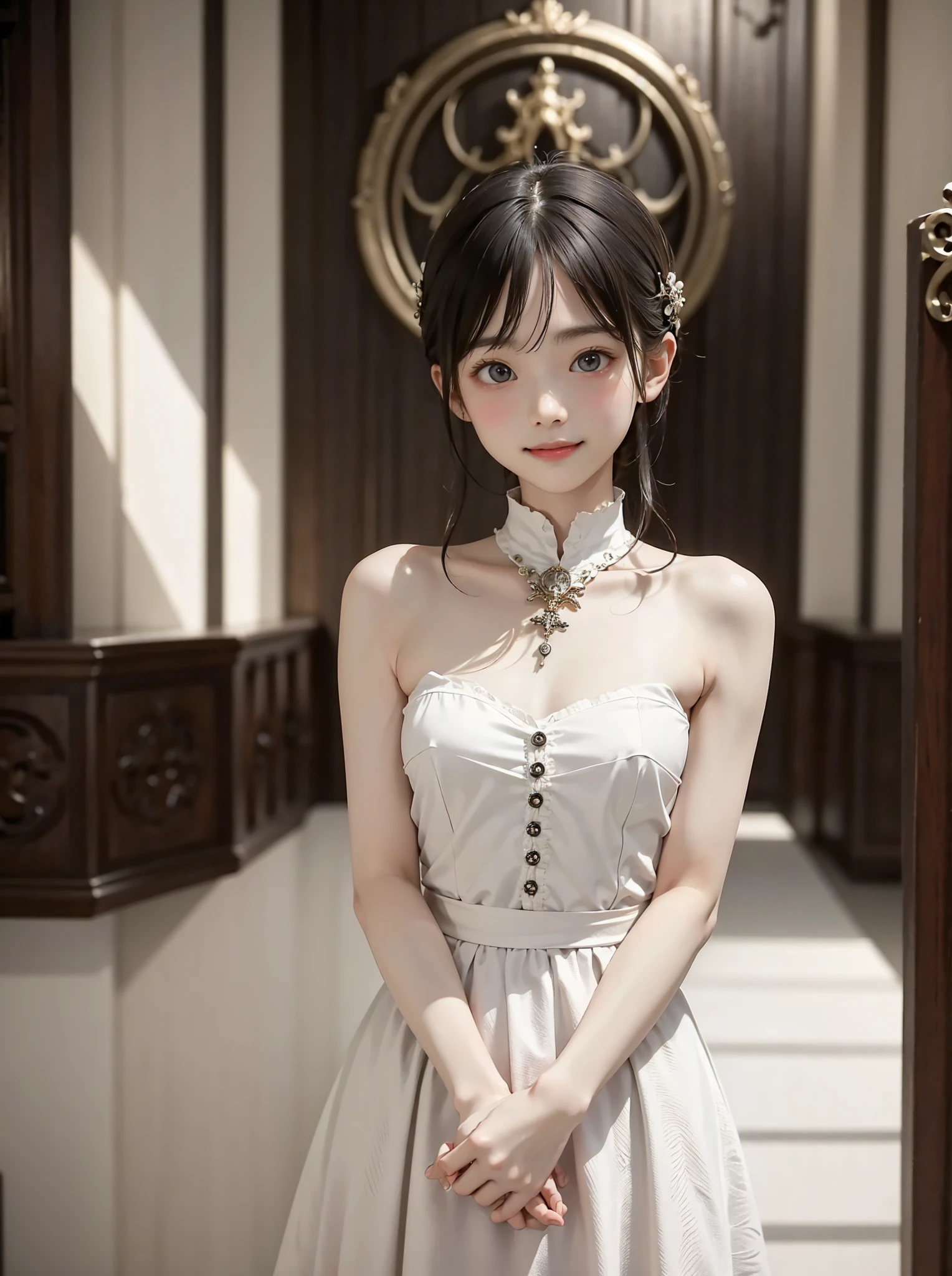 公式art,  Unity 8K Wallpaper ,  super detailed ,  beautiful,  beautiful, masterpiece,  top quality , Darkness,  vibe, mystery, Romanticism, Creepy, literature, art, fashion,  Victorian, Decoration, Complexity, Ironwork, race, meditation, Depth of emotion,  Supernatural, 1 girl, Alone, neck, Bust Configuration、smile, white skin,White Shoulders,White chest