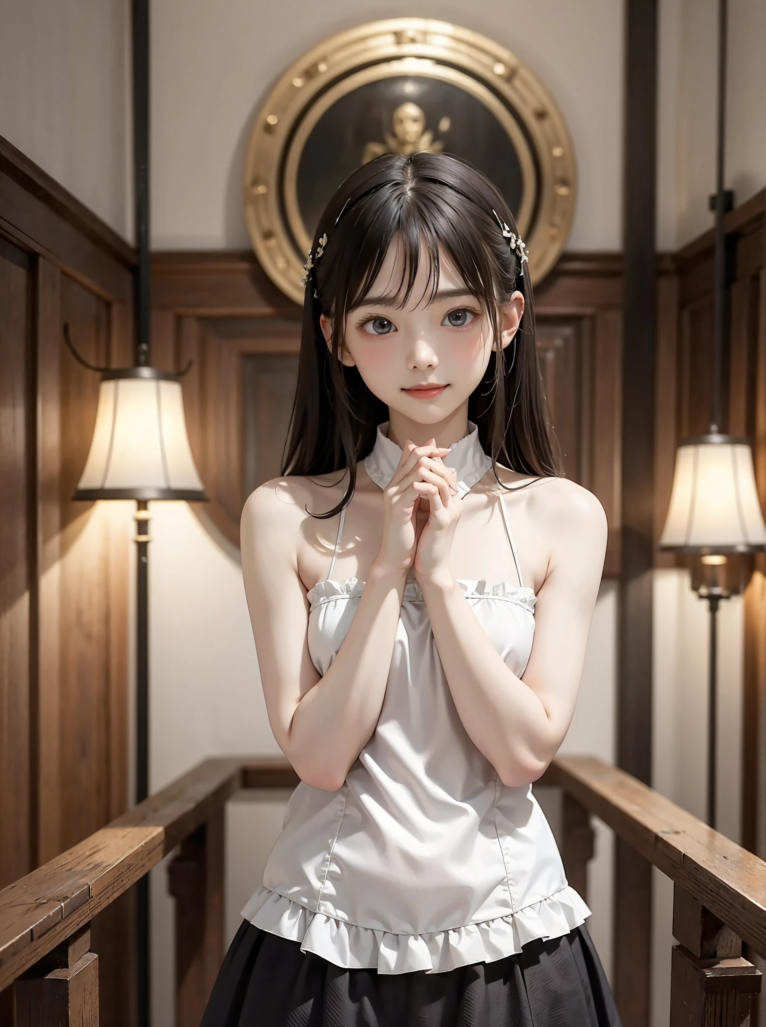 公式art,  Unity 8K Wallpaper ,  super detailed ,  beautiful,  beautiful, masterpiece,  top quality , Darkness,  vibe, mystery, Romanticism, Creepy, literature, art, fashion,  Victorian, Decoration, Complexity, Ironwork, race, meditation, Depth of emotion,  Supernatural, 1 girl, Alone, neck, Bust Configuration、smile, white skin,White Shoulders,White chest