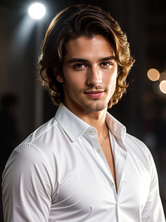  soft cinematic lighting 、 illuminates a handsome Brazilian male supermodel who is amazingly detailed and ultra-realistic。, white long sleeve dress shirt、Roll up your sleeves、 short, disheveled brown hair , Clear honey eyes,  captivating perfect smile ,  sensual, Hot guy , Extremely handsome,  trending on ArtStation . Octane has 、 the perfect tool to capture the softest details of this 16K photographic masterpiece .