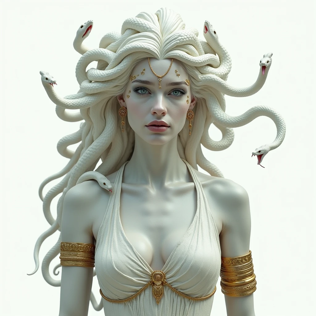 Medusa Greek mythology, (Ancient Greek dress, gold and silver accessories, high neck collar, bracelets, earrings:1.3),
The hair of many snakes, image of a white snake all over, white skin covered with shiny scales, sky blue eyes, slightly open moist lips, small fangs, showing red tongue, curvy perfect body, ( simple background, white background), from knees to chest,
white snake image, 