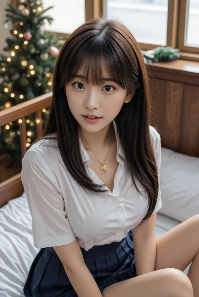 (3 girls),smile、Look into the camera、necklace、JK school uniform(Plaid skirt, white shirt),There is a blanket covering the whole body. The material is smooth and flexible.、exposed upper arms、Long, knee-length socks. Extra long twin tail hair、close range shooting、Flower Hair Ornaments、Blindfold、Garter、 Masterpiece, Highest quality, 8ก, beautiful girl, young face、 photography, Cute face, thigh,in the stream,、รอยsmile、small waist, blue eyes (((The chest is erect.)))(((round chest)))
