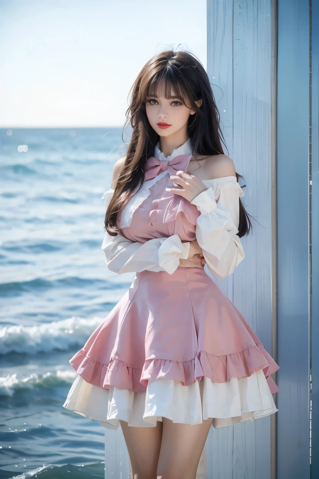 cyb dress, long sleeves, puffy long sleeves, bow,pink dress,blue dress, Beauty, Beautiful woman，Have a perfect body：1.4，Layered Hairstyle，((Large Breasts)), ((D Cup)), Visible cleavage，Bare shoulders, Highly detailed face and skin texture，Double eyelids，Skin Whitening，Long hair，Whitening long legs，Standing by the sea, Fashion Girl, Red lips, Sweet Girl, beautiful makeup, detail, lifelike, Very detailed, Astonishing, beautiful, Young and energetic, high quality，HD, Colorful，Beautifully, Smooth skin, The skirt is very short, Lifting the skirt with hands, Elegant and charming gesture, Official Art, Extremely detailed, Movie atmosphere, Soft colors, Natural skin texture,