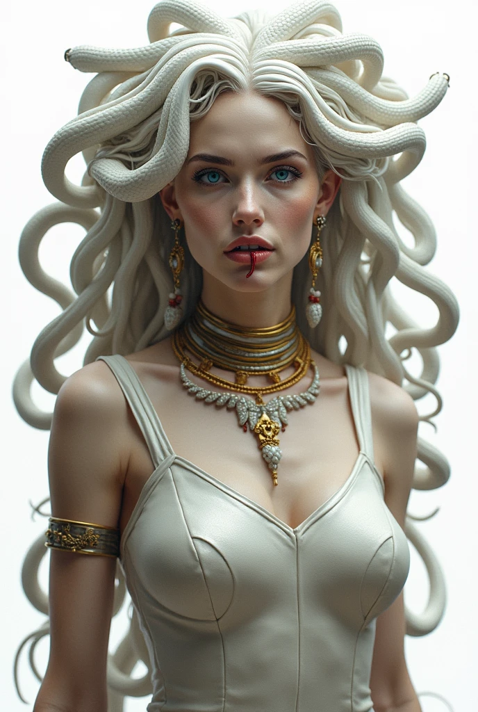 Medusa Greek mythology, (Ancient Greek dress, gold and silver accessories, high neck collar, bracelets, earrings:1.3),
The hair of many snakes, image of a white snake all over, white skin covered with shiny scales, sky blue eyes, slightly open moist lips, small fangs, showing red tongue, curvy perfect body, ( simple background, white background), Cowboy shot,
white snake image, 