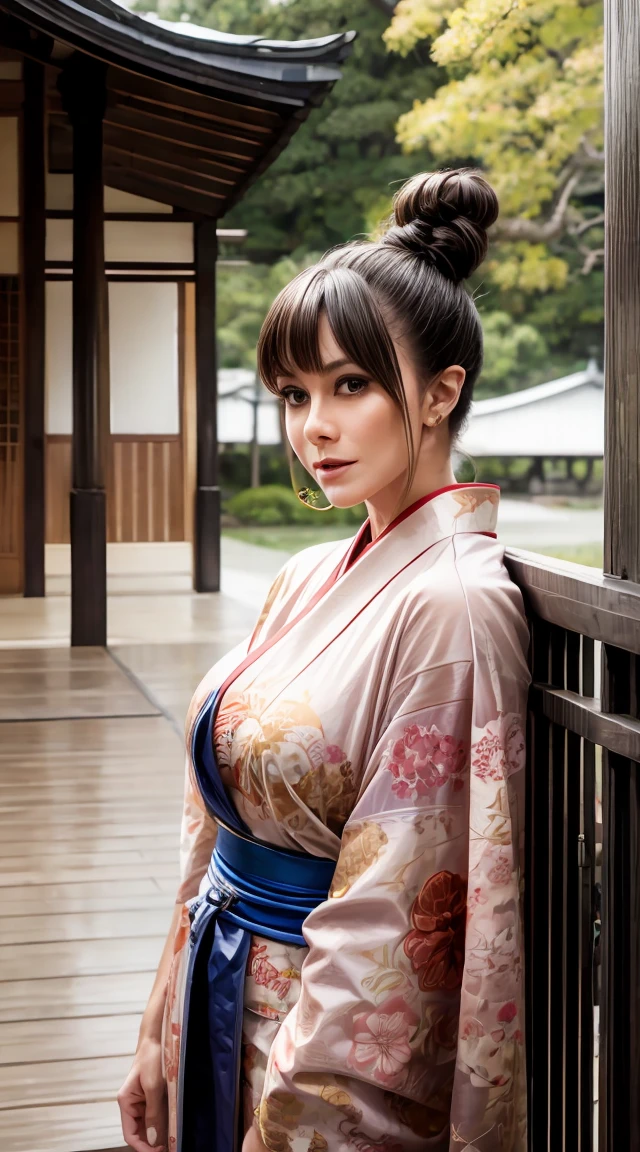 Black Hair, bangs, Hair Bun, beautiful, beautiful woman, Perfect body, Perfect breasts, wear Kimono, Wear earrings, wearing a watch, at the park, cherry blossoms, Traditional Japanese House, Looking at the audience, smile, realism, masterpiece, Textured Leather, Very detailed, Attention to detail, high quality, 最high quality, 1080p, 16k