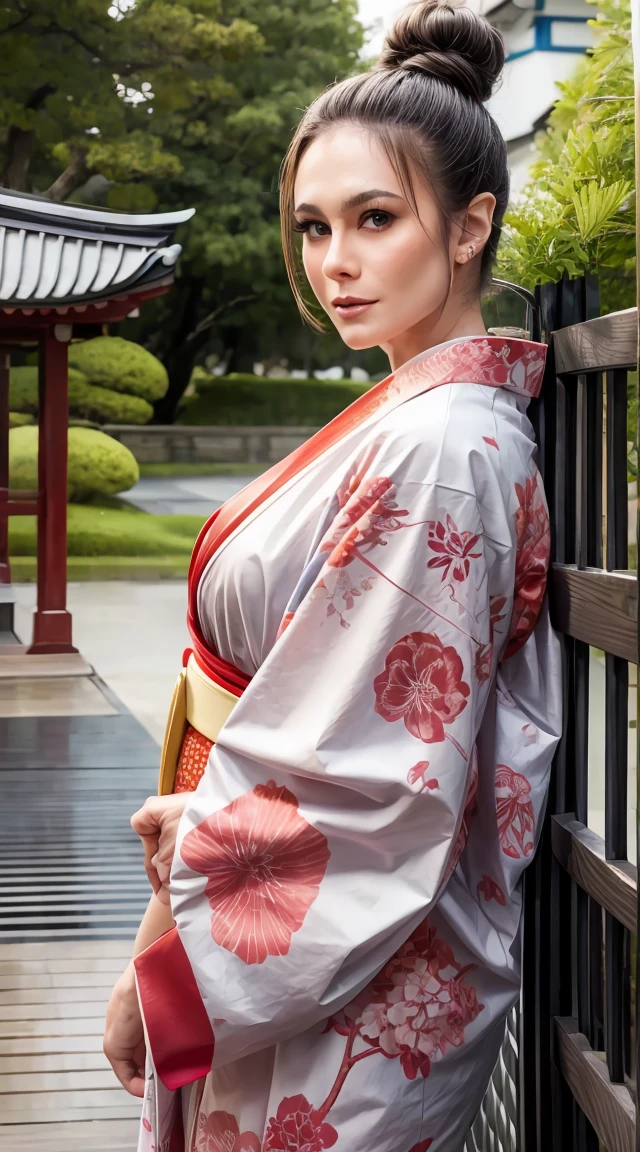 Black Hair, bangs, Hair Bun, beautiful, beautiful woman, Perfect body, Perfect breasts, wear Kimono, Wear earrings, wearing a watch, at the park, cherry blossoms, Traditional Japanese House, Looking at the audience, smile, realism, masterpiece, Textured Leather, Very detailed, Attention to detail, high quality, 最high quality, 1080p, 16k