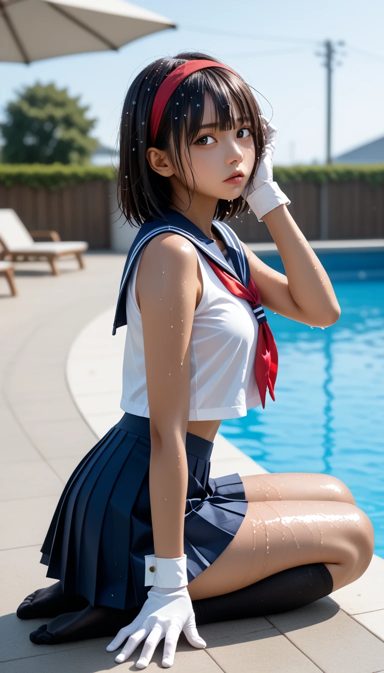  Wet 1 Japanese Female Middle School Student 、 cute、masterpiece 、  top quality  、 Super high resolution、 realistic、 beautiful lighting arranged in an orderly manner、  RAW photos 、4K Ultra HD、  super detailed face、Clear Face、Detailed eye、((Kind eyes、 beautiful eyes))、1080P、 tan dark skin 、 black hair,   wet hair、 short bob cut , bangs、 Ponytail、 horny 、 Thin Young Gravure Idols 、((( small chest with tension、Separated Breasts 、 tight breasts)))、(((Put your face closer)))、((( wet hair )))、(( blue sky、small outdoor pool 、 blur background))、(((Wet Japanese Female Middle School Student 、 Red Headband 、 white gloves、sailor cuffs、 navy sailor color 、 wet pleated skirt 、 black knee socks、Wear black shorts)))、 Japanese female middle school students in wet school uniforms、((sitting cross-legged on the floor))、(( poolside、 full body shot ))、(( back shot ))、(( rear view))、((upskirt))、((While staring at us, bring your face close and kiss))、 ((( EXTREME FACE UP SHOT )))、( perfect anatomy)、 break ((Upper eyelid))、(((Fluttering skirt)))、 thin beautiful thighs 、 beautifully manicured hair 、 oily skin 、Five fingers、Two arms、2 Legs 