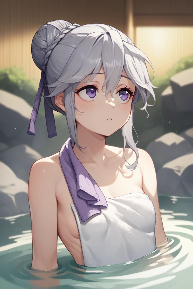 fail , Gray Hair,  braided bun ,  hair bang,  hair bow,  Single Side Bang ,  Purple Ribbon ,  purple eyes, small breasts,Woman relaxing in a hot spring ,(Towel Naked:1.3)、 soaking up to the shoulder、,Looking up at the moon、satisfied expression, beautiful inspirational light ,Graceful water flow,  Comfortable Atmosphere  ,Quiet and calm background、The brightness of the moonlight,  perfect lighting, 、Bokeh,  The Depth of Written Boundaries,  Blurry Backgrounds , Sengoku Nishiki