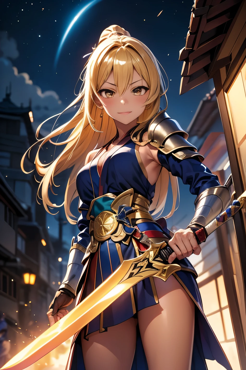  1 girl　+Master Swordsman　+ hold the sword　+Overwhelm Enemies 　+ninja　+Sengoku Warlord Armor　+The big picture　+Yellow Hair　+The dignity of the general　+Glossy tanned skin　+Magical sword that glows orange　、
Battlefield　+ Night Sakura　+ Sword Effects