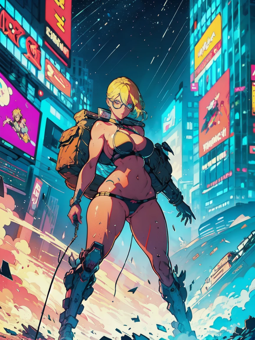  Portrait of a Muscular Woman in 8K , yellow hair,   blue eyes,    complicated ,   elegant  ,    High Definition  , whole body, Majestic,    Digital Photo   ,   Artgerm 、Nguyen Gia、Greg Rutkowski  , Big Breasts,   Broken Glass   (masterpiece,   Side Lighting  ,    Beautiful Eyes with Great Attention to Details : 1.2 ),    High Definition   , neon_ Pop Art Style ,   line art  ,  flat color, full body, glasses, exoskeleton,