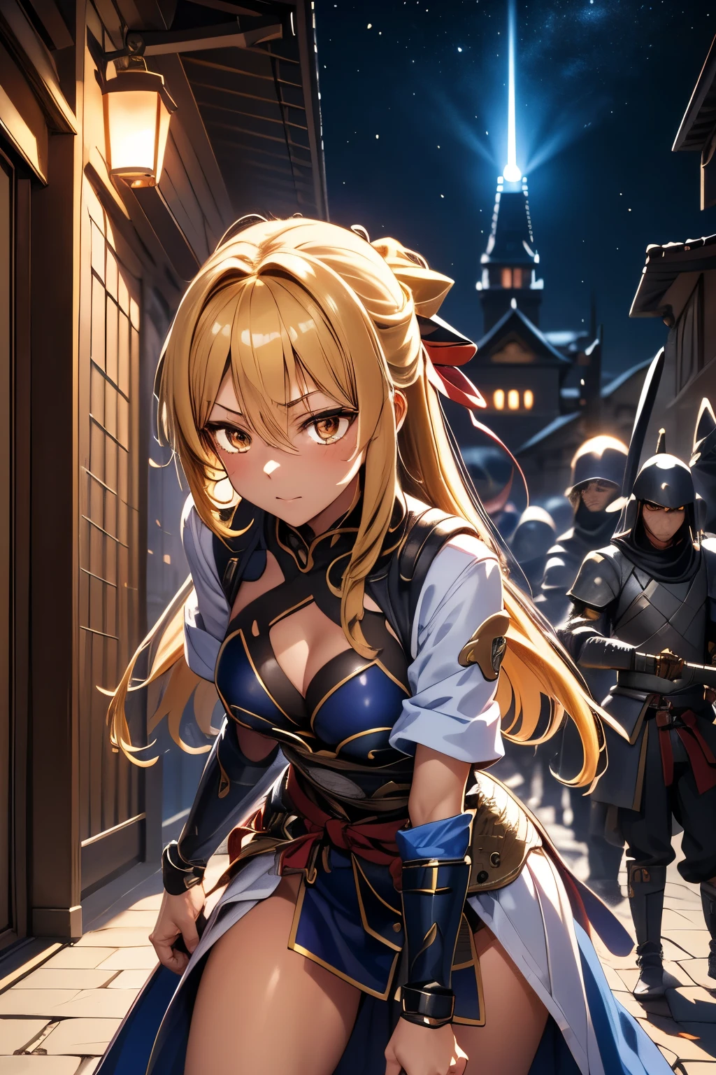  1 girl　+Master Swordsman　+ hold the sword　+Overwhelm Enemies 　+ninja　+Sengoku Warlord Armor　+The big picture　+Yellow Hair　+The dignity of the general　+Glossy tanned skin　+Magical sword that glows orange　、
Battlefield　+ Night Sakura　+ Sword Effects