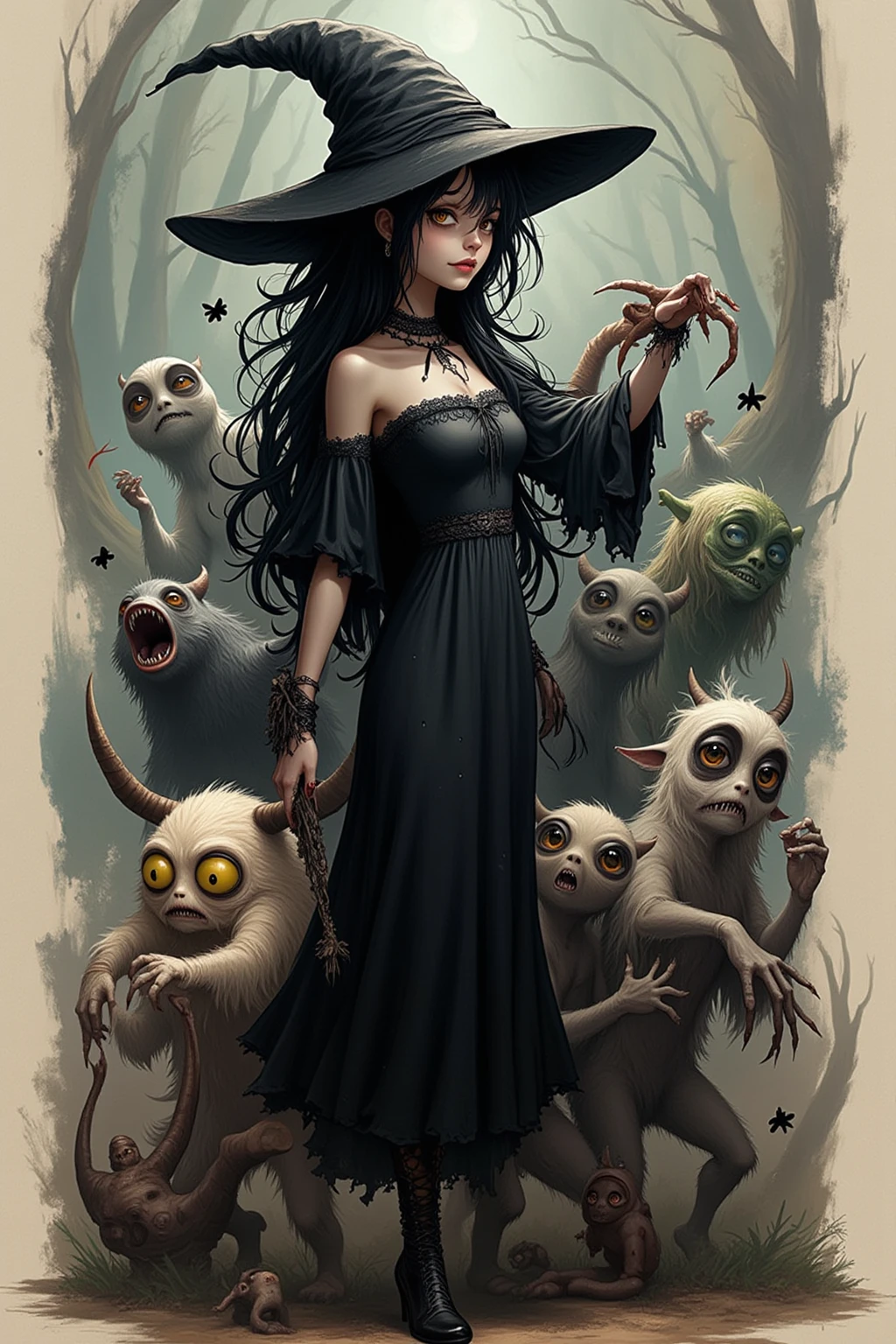 witch,girl,strange, mysterious and dark artwork, slightly horror-like monsters, masked figures, giants, Alice in Wonderland and Charlie and the Chocolate Factory-esque, various effects, delicate and dynamic textures, contrasts of light and shadow, portrait, BREAK ultra detailed, absolutely resolution, best quality