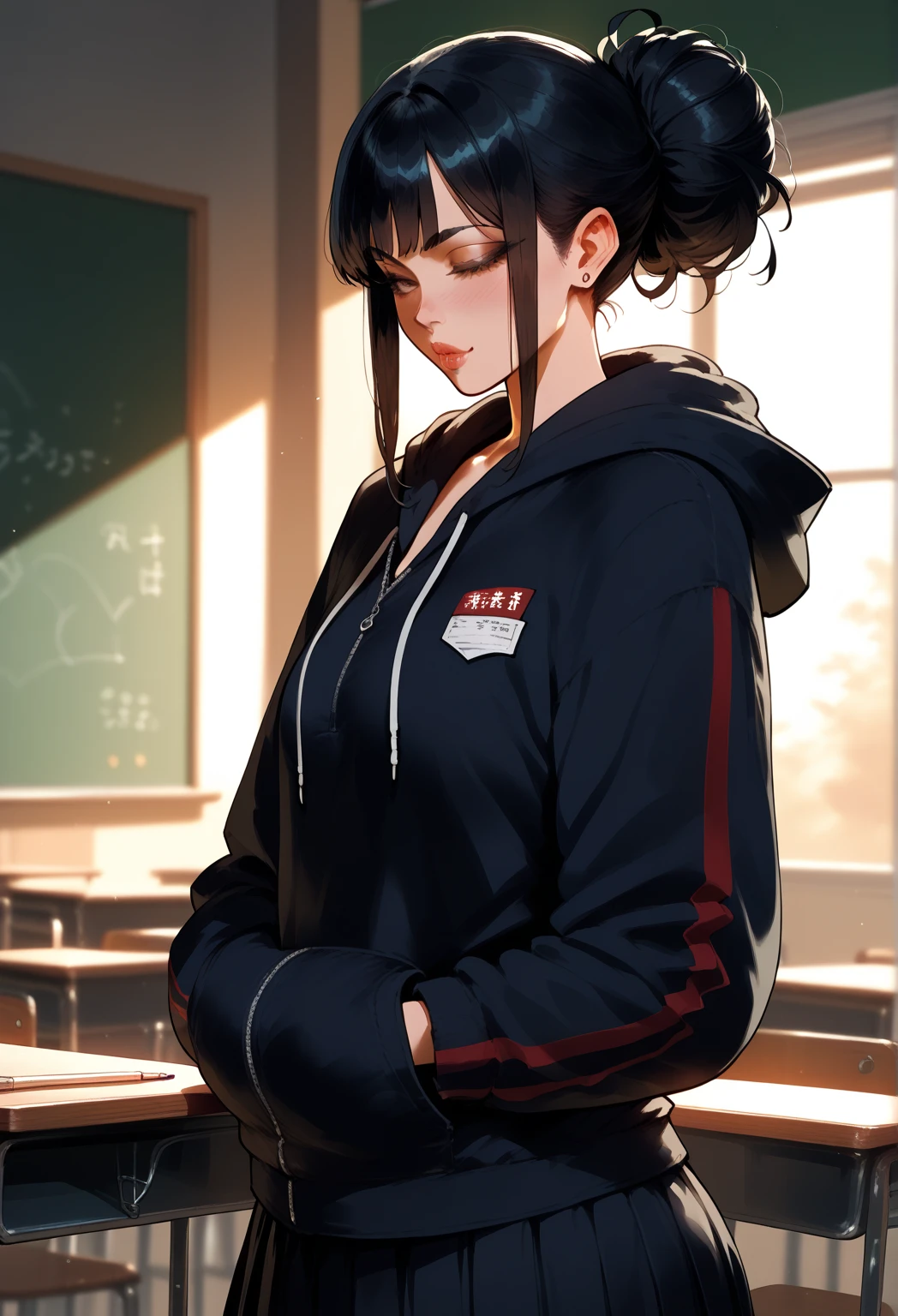 Japanese woman, tightly-pulled bun, black hair, hoodie, classroom
