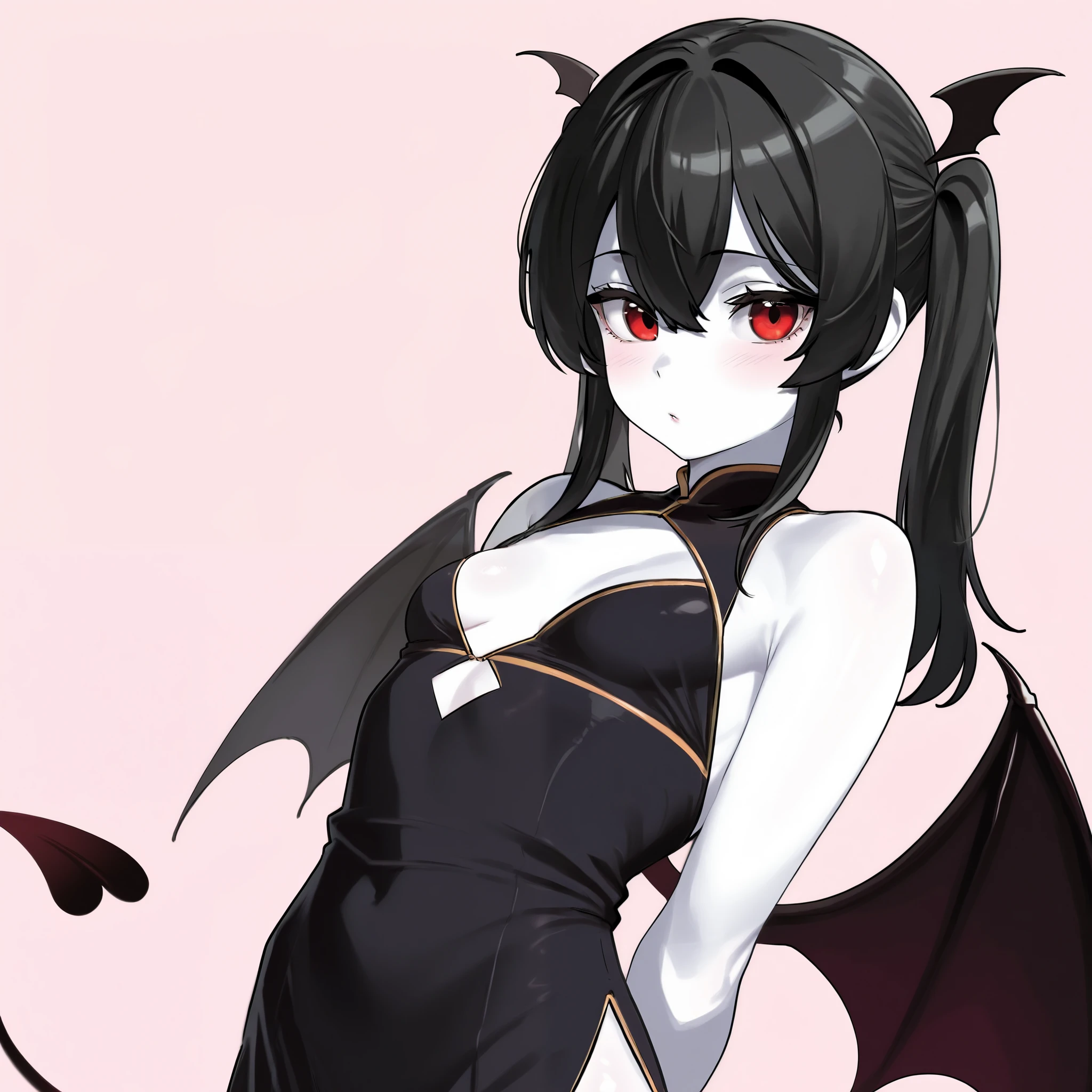 masterpiece, best quality, ultra-detailed, illustration, colorful, depth of field, 1girl, meru, Ratatatat74 style, succubus, devil, 1girl, yellow eyes, strapless leotard, pantyhose, rabbit ears, black hair, red skin, necktie, wrist cuffs, anime, closeup, simple background, short height, detailed skin texture, beautiful detailed face, white teeth, seductive grin, looking at viewer, alluring attire, collarbone, medium breasts

