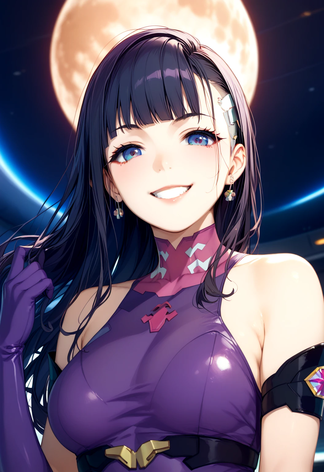  cinematic angle、 Face from directly above close-up   、   upper body bust up 、 1 person、 girl 、18 years old、 dark hair long straight hair、  Smile 、 purple high neck leotard  、   black tights、   Purple Thigh High Boots 、purple opera gloves 、　  cyberpunk、Space Colony、Big full moon in the center