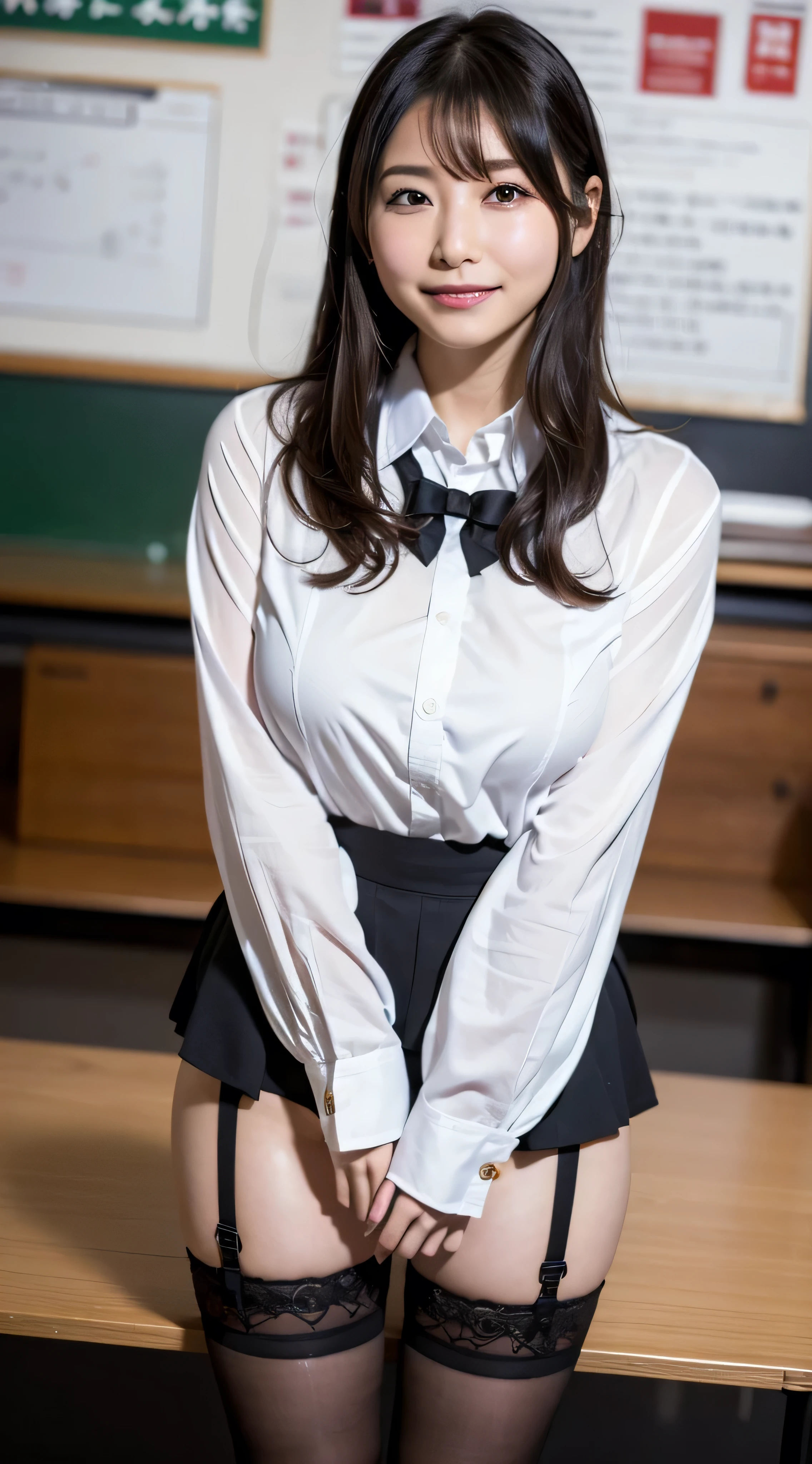 realistic, 1girl, long black hair, red eyes, glowing eyes, white blazer, white plaid skirt, pantyhose, blush, table