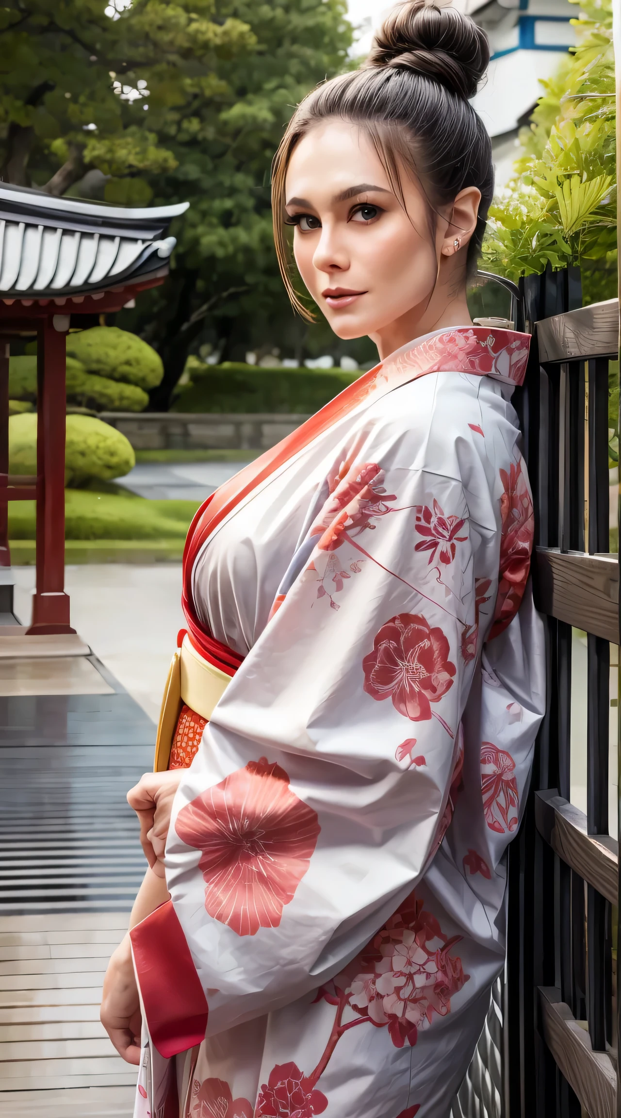 Black Hair, bangs, Hair Bun, beautiful, beautiful woman, Perfect body, Perfect breasts, wear Kimono, Wear earrings, wearing a watch, at the park, cherry blossoms, Traditional Japanese House, Looking at the audience, smile, realism, masterpiece, Textured Leather, Very detailed, Attention to detail, high quality, 最high quality, 1080p, 16k