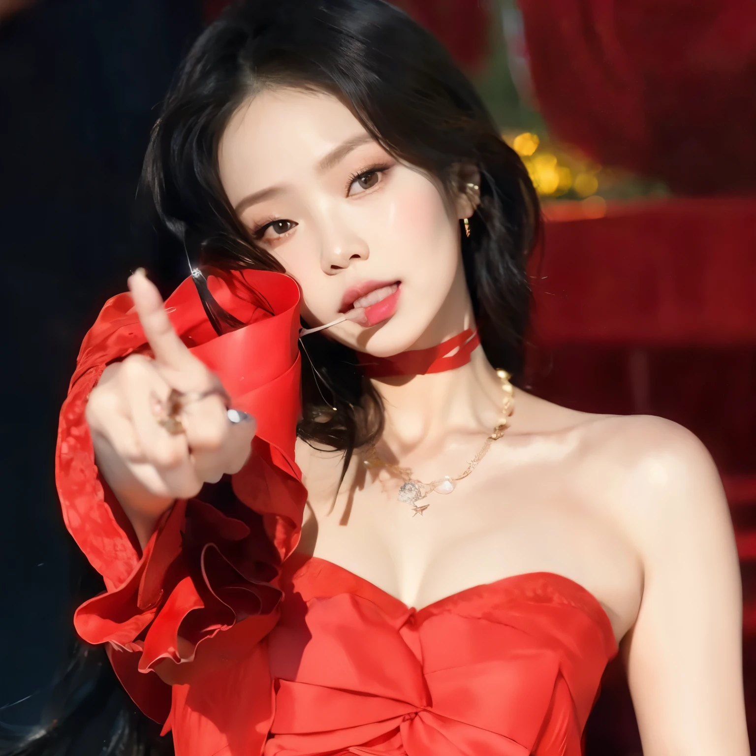 A close-up of a woman in a red dress holding a red object, Blackpink Jennie, roseanne park of blackpink, Gongbi, jossi de blackpink, jisoo of blackpink, jisoo of blackpink, JIA, Sha Xi, Korean Idol, heonhwa choe, iu lee ji-eun as a super villain, Parque Ji-min, Retrato de jossi de blackpink