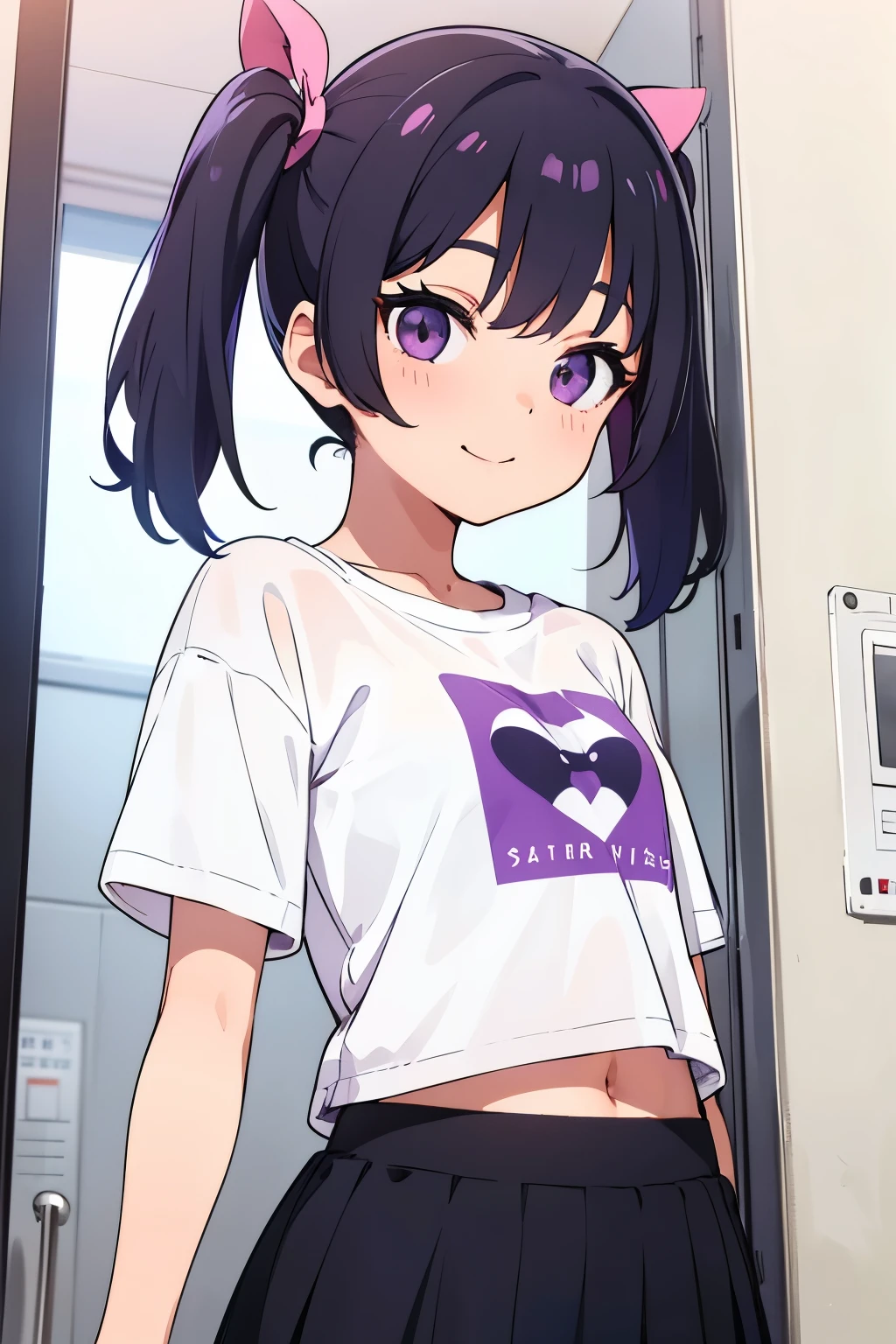     flat chest black hair shorts twin tails purple eyes 　smile（（One person））upper body black short sleeve t-shirt lower body navy blue mini skirt　white panties white socks 　 sneakers　（（ can see panties））In front of the elevator of the apartment building　 is standing　（（ can see panties）） Lower body center 　Panty close-up　 dynamic angle　  low angle