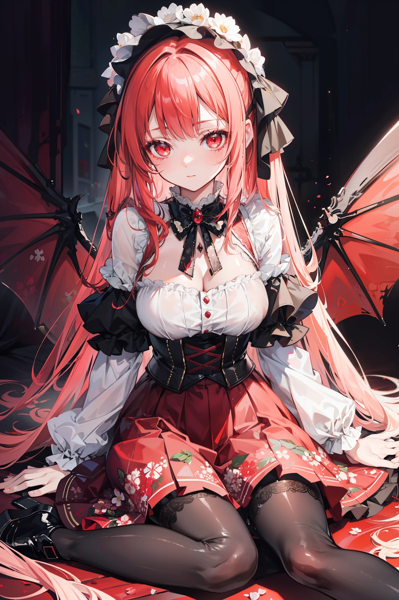 ( extremely detailed CG unification), Detailed Clothes ,ta mix and match gel coat , masterpiece, Extremely exquisite and beautiful, Blood splash , 1 Girl, Sitting, messy hair , beautiful detailed eyes, red eyes, lace pantyhose ,Floral scent,Succubus's horns,Girls' Shoes ,Avoid extra feet ,bathed in blood,scary background