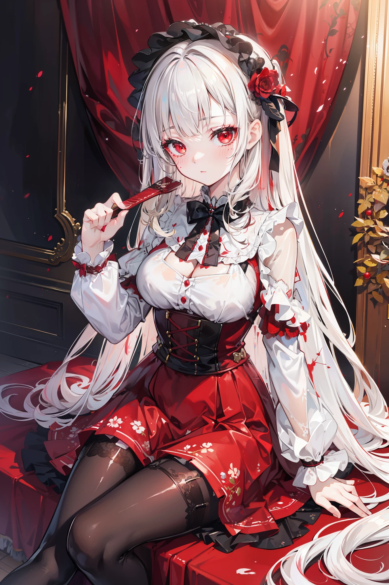 ( extremely detailed CG unites ), Detailed Clothes ,ta, masterpiece, Extremely exquisite and beautiful, Blood splash , 1 Girl, Sitting, messy hair , beautiful detailed eyes, red eyes, lace pantyhose ,Floral scent,Succubus's horns,Girls' Shoes ,Avoid extra feet ,bathed in blood,scary background