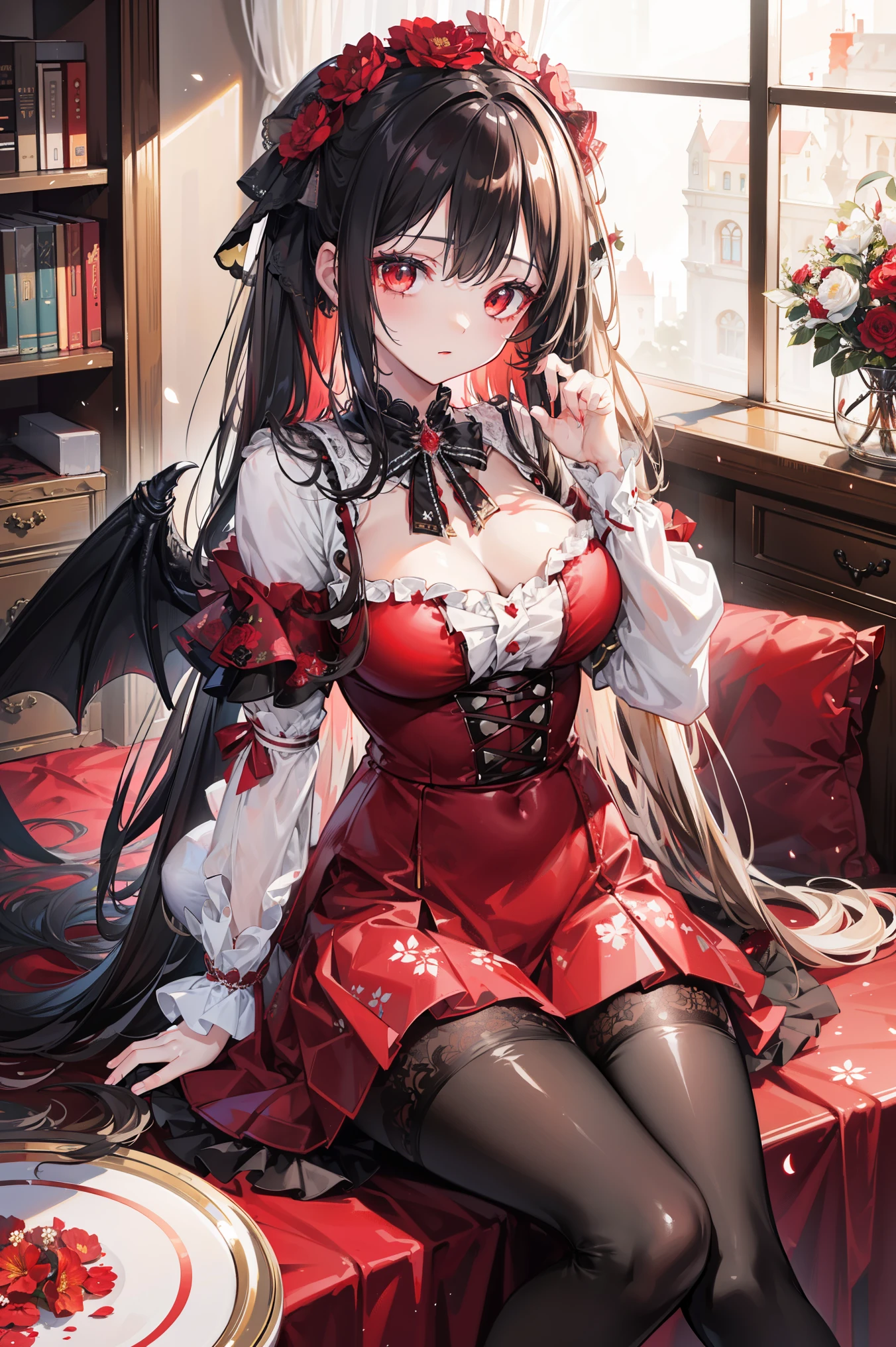( extremely detailed CG unification),  Detailed Clothes  ,Lolita mix and match gel coat ，  masterpiece,  Extremely exquisite and beautiful,  Blood splash , 1 Girl, Sitting,   messy hair ,  beautiful detailed eyes， red eyes,  lace pantyhose ，Floral scent，Succubus's horns，Girls' Shoes ，Avoid extra feet ，bathed in blood，scary background
