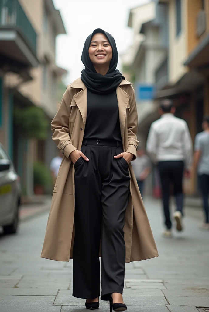 (close up),RAW, Best quality, high resolution, work: 1.3, beautiful Malay woman in hijab, beautiful big eyes, smiling, beautiful face, shiny lips, soft smile, watery eyes, big breasts, thick thighs, beautiful ass, woman beautiful in plaid jacket and trousers , pastel', hodie mihi cras tibi, brown outfit, layered outfit, casual modern outfit, modern casual outfit, designed for a comfortable aesthetic!, femme, beige, # 6 6 9 3 fs , full body photos, clothing photos, famous clothing, casual clothing,, casual clothing style, elegant, perfect ligh