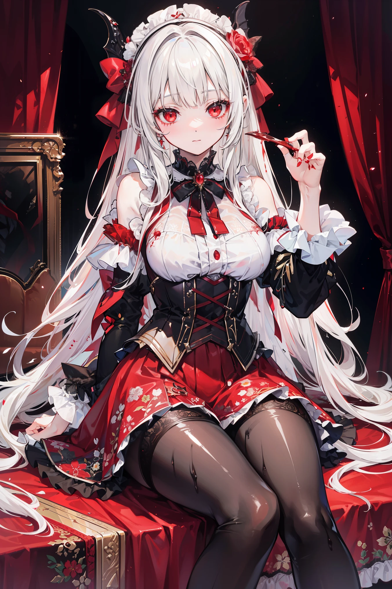 ( extremely detailed CG unification), Detailed Clothes ,Lolita, masterpiece, Extremely exquisite and beautiful, Blood splash , 1 Girl, Sitting, messy hair , beautiful detailed eyes, red eyes, lace pantyhose ,Floral scent,Succubus's horns,Girls' Shoes ,Avoid extra feet ,bathed in blood,scary background