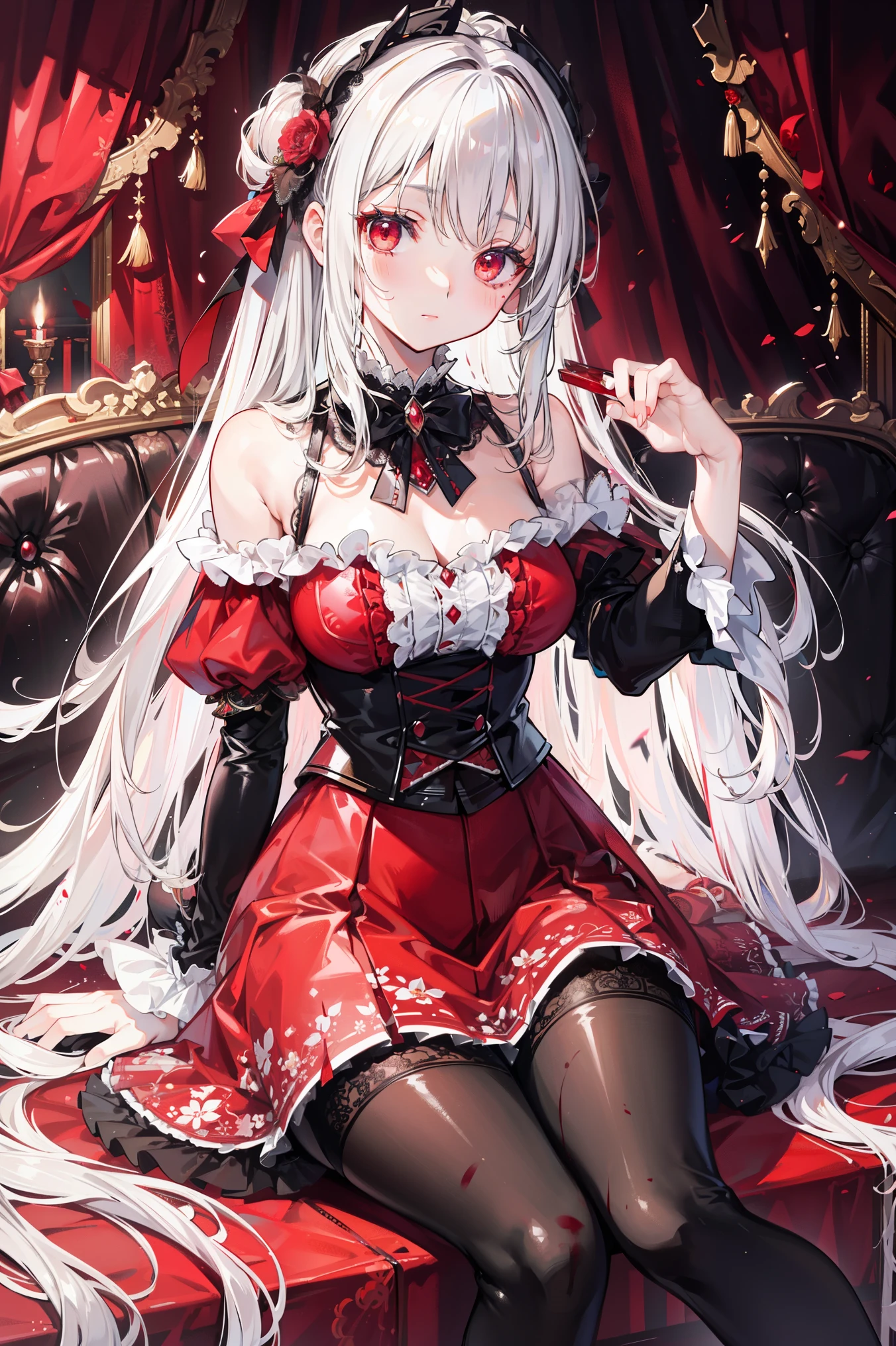 ( extremely detailed CG unites ), Detailed Clothes ,ta, masterpiece, Extremely exquisite and beautiful, Blood splash , 1 Girl, Sitting, messy hair , beautiful detailed eyes, red eyes, lace pantyhose ,Floral scent,Succubus's horns,Girls' Shoes ,Avoid extra feet ,bathed in blood,scary background