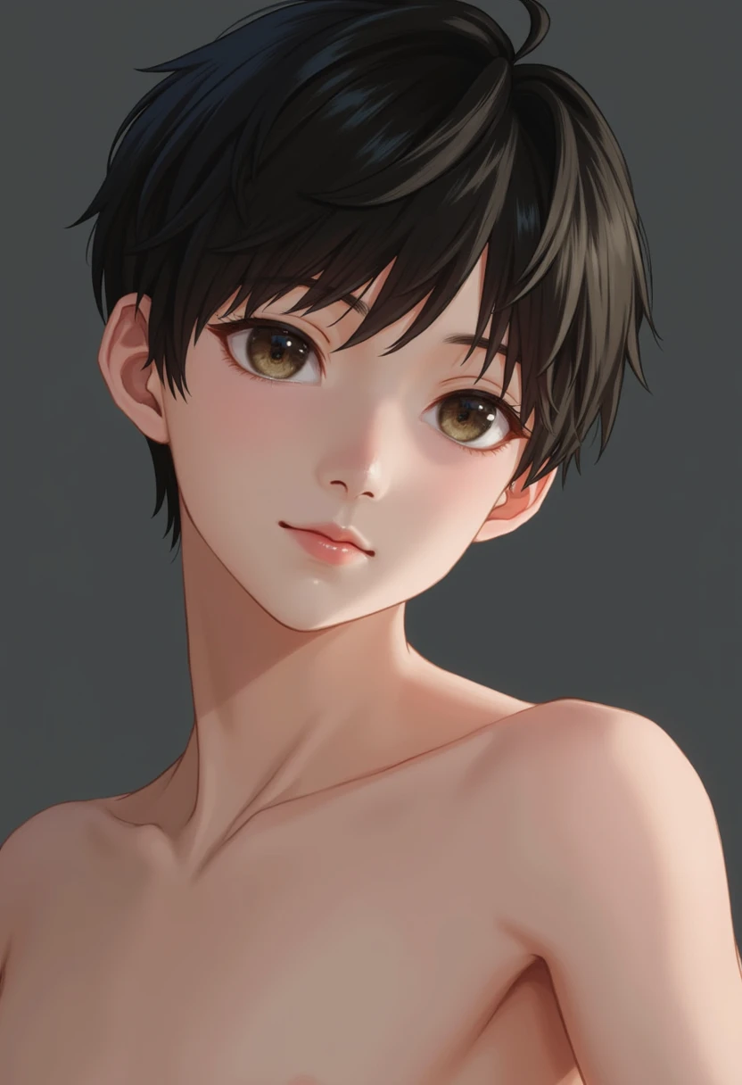 high quality, detailed, photo Realistic, (1 female to male),transgender,(22 years old tanned cute japanese), (detailed black eyes), (black short hair),(abs),(tanned dark skin:1.3), flat chest, black tiny thong,(detailed nipples), palace bedroom,(best quality,4k,8k,highres,masterpiece:1.2), (face close up:0.7),(realistic,photorealistic,photo-realistic:1.37),