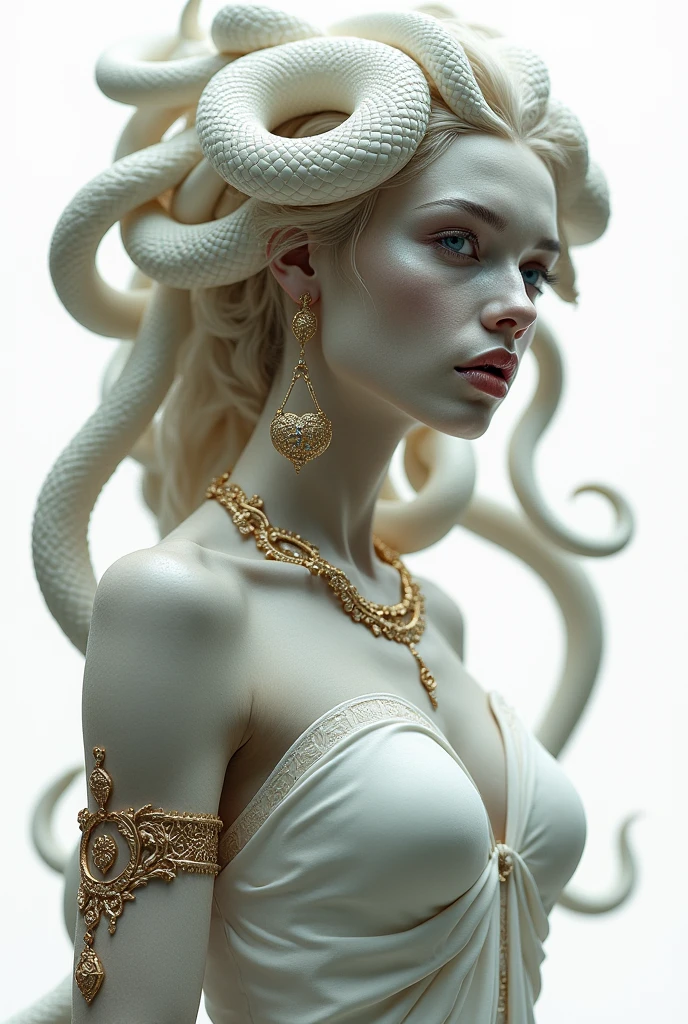 Medusa Greek mythology, (Ancient Greek dress, gold and silver accessories, high neck collar, bracelets, earrings:1.3),
The hair of many snakes, image of a white snake all over, white skin covered with shiny scales, sky blue eyes, slightly open moist lips, small fangs, showing red tongue, curvy perfect body, ( simple background, white background), from knees to chest,
white snake image, 