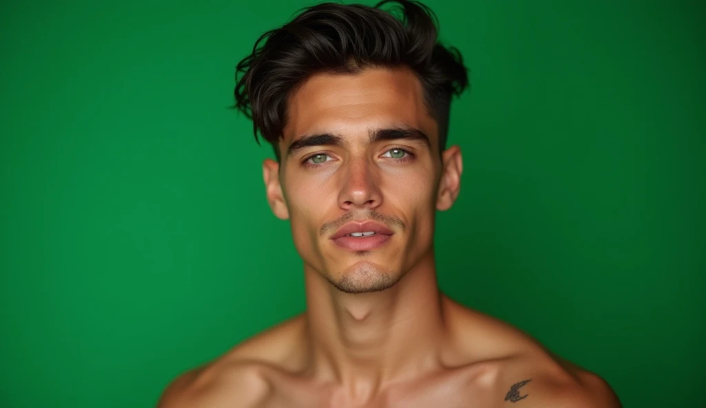 An athletic boy,handsome, His physique is slim and toned,He is sexy and a good person, Her hair is mohawk style and curly, Her skin is white, His eyes are brown,eyelashes that highlight your eyes, his jaw is marked,His nose matches his face, Her lips are light pink, Your teeth are perfect