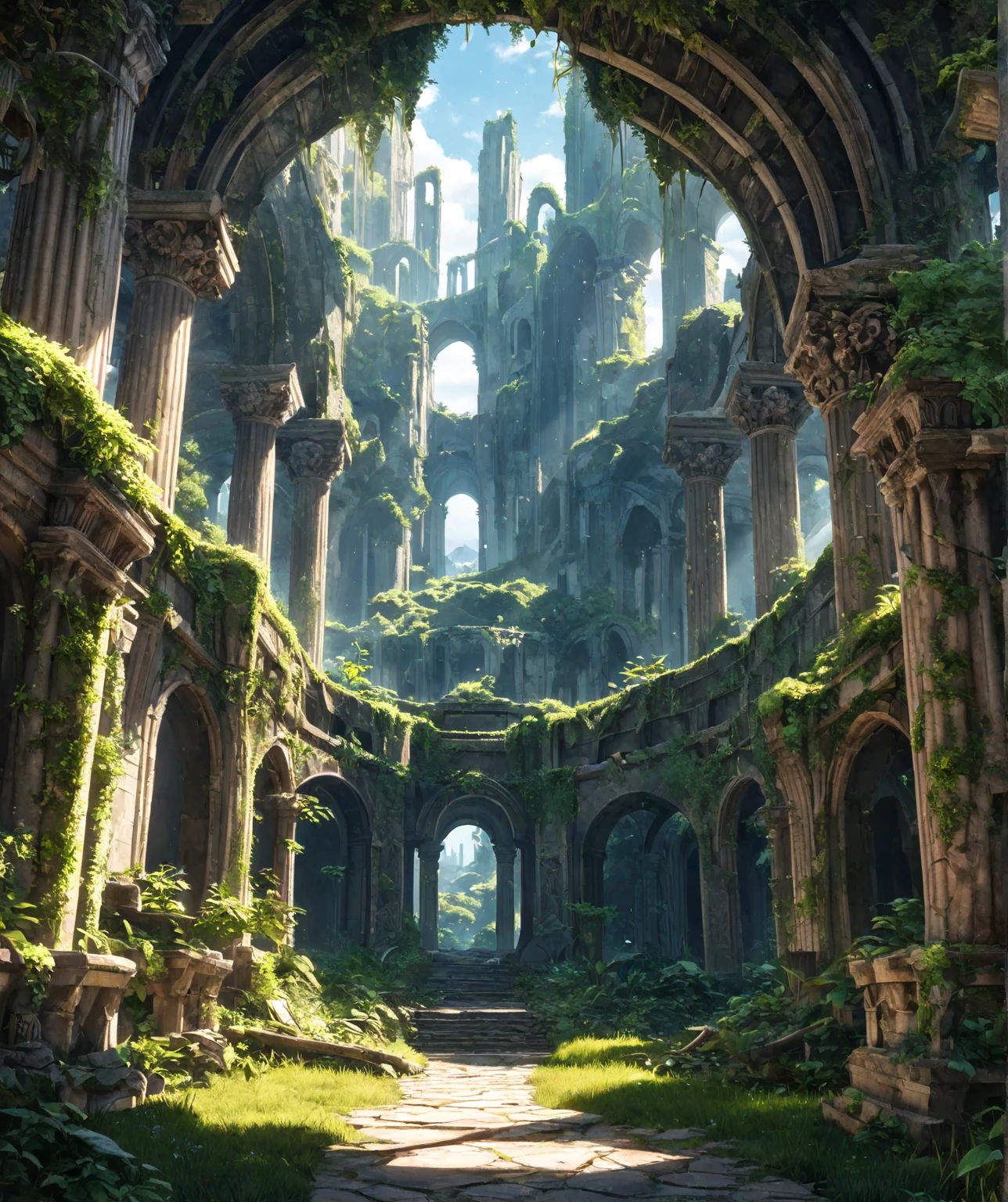 (Ruins surrounded by greenery, a world without anyone, a once prosperous world, ancient ruins，Otherworldly atmosphere, illustration style, Calm,
 dramatic shadows, epic scale, highly detailed, cinematic lighting, photorealistic, 8k, masterpiece,
no humans, prevailing of nature, bright colours, sunshine, sunny, tranquility, bright mood), BREAK
HDR, 8K, masterpiece, best quality, amazing quality, very aesthetic, high resolution, ultra-detailed, absurdres, newest, scenery, 
masterpiece,  aesthetic detailed background, best quality, game cg aesthetics, sharp focus, sharp details, light particles,  photo background, depth of field, 
(masterpiece), best quality, ultra-detailed, 1024k UHD wallpaper, ultra-high resolution, depth of field, HDR, Ray tracing, RTX, high saturation, photon mapping, best texture quality, best compotitions, (extremely detailed CG 1024k wallpaper), High Details, Ultra HD Photo,