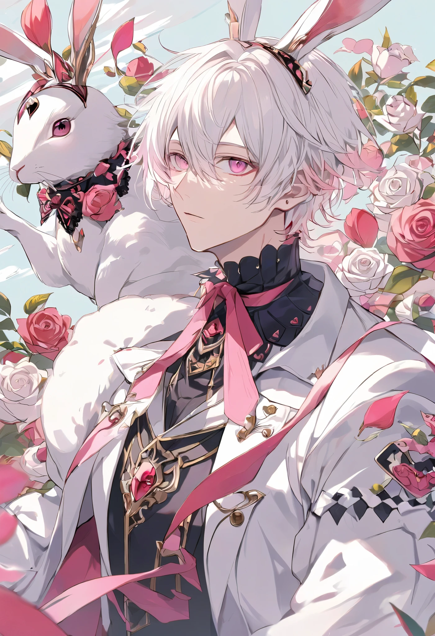 solo, handsome, 1 male, white coat, short hair, white hair, pink eyes, fantasy clothing, White rabbit, alice in wonderland