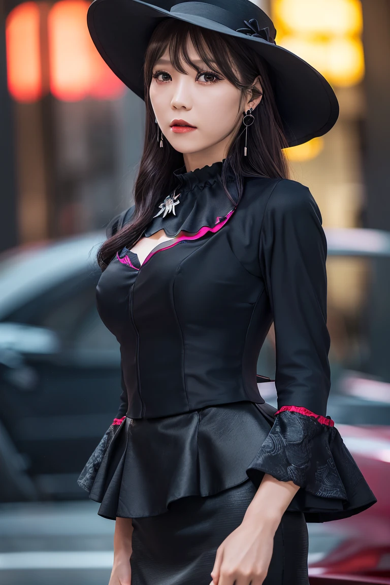 (Highest quality, 8K, photorealistic, detailed lighting, physically-based rendering), (1 girl), Japanese beautiful lady, ((widow hat, black peplum blouse, black long pencil skirt, black jewelry earrings)), perfect lighting