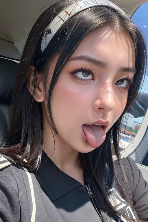 ,1 girl、Taylor Hill、1 girl、超High resolution, retina, Accurate, masterpiece, Anatomically correct, Super Detail, Textured skin, Attention to detail, high quality, High resolution, 8k、、Big double eyes、nose、The focus is on the mouth、close-up focus on face、Woman with open mouth and closed eyes、18-year-old、Black Hair、tongue out, tongue, traces of saliva, Drooling, Ahegao, long tongue, Verbal invitation,  Pulling the hair back, Gray background,Half Backlight,Pilot uniform,