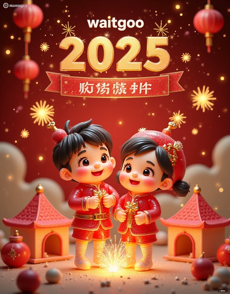 waitgoo,2025 New Year theme,red as the main color with golden accents,cartoon characters wearing festive New Year outfits,cheerful expressions,fireworks,red lanterns,Chinese knots,dynamic composition,tents replaced with red pavilions or New Year decorations,promotional text "Happy New Year 2025," "New Year Sale," strong holiday atmosphere.,