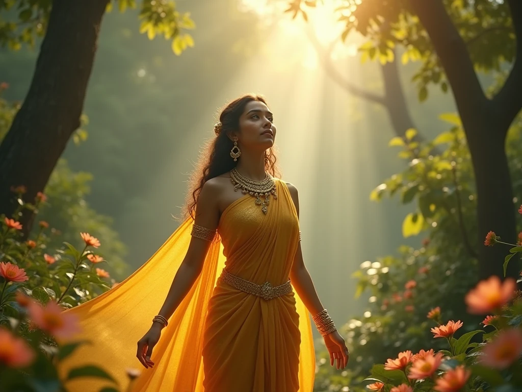 Generate a mystical forest scene during twilight. The focal point is a beautiful woman sitting gracefully on a moss-covered stone. She is adorned in a flowing saffron saree that cascades elegantly around her and has long, dark, wavy hair decorated with delicate white flowers. She wears intricate jewelry: a shimmering necklace, ornate earrings, and golden bangles that catch the faint light. Her expression is serene and kind, and her gaze is gentle and inviting.
In her lap rests a delicate fawn, looking up at her with trustful eyes. To her side, a majestic peacock stands with its iridescent feathers fanned out. The forest is lush and verdant with ancient, towering trees whose branches form a natural canopy overhead. The ground is covered in vibrant flowers and moss, adding to the dreamlike quality. Soft, ethereal lights float around, contributing to the magical atmosphere.
The air is filled with the gentle sounds of nature: the rustling of leaves, distant bird calls, and the quiet murmur of a nearby stream. The setting sun filters through the canopy, casting a golden glow on the scene and creating an aura of warmth and peace. Other woodland creatures can be faintly seen in the background, drawn to the woman's peaceful presence."