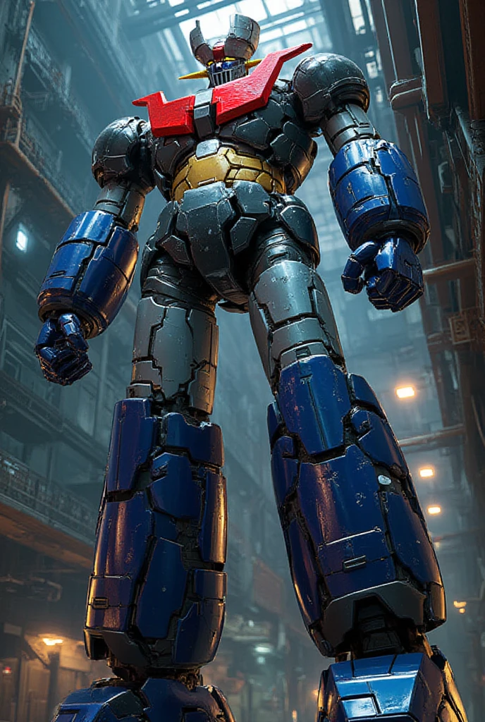  a very realistic version of the modified Mazinger Z,  stands 100 meters high ahead .   It's built with modern materials such as steel  ,   Carbon Fiber  ,   Other industrial elements are also visible  ,   just like the real thing  ,   has been carefully recreated 。.  set in a modern nuclear reactor facility 、 an industrial environment where a high voltage current flows and emits light   ,   Masinger Z standing around  ,   are illuminated by natural light  、  A huge structure highlighted by realistic shadows  . LED light lighting  　Gundam